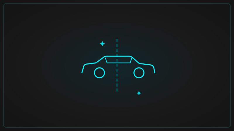 Neon line graphic of a car split down the middle, interior detail versus full detail